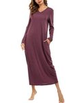 Sykooria Women's Long Nightgown Cotton Baggy Nightdress Plus Size Nightshirt Long Sleeve V Neck Sleep Dress Casual Sleepwear With Pockets(Wine Red,XXL)