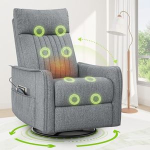 sisolos Fernsehsessel Massagesessel mit Liegefunktion, Relaxsessel mit Wärme und Massage, 360°Drehbarer TV Sessel Wohnzimmer, Schaukelstuhl mit Gepolsterte Kopfstütze, 2 Seitentaschen