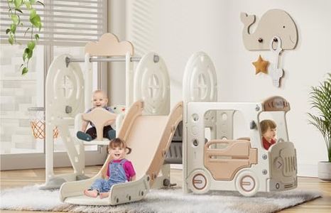 BIERUM 5 in 1 Toddler Slide and Swing Set, Kid Slide for Toddlers Age 1-3, Bus Themed Baby Slide with Basketball Hoop, Indoor and Outdoor Slide Toddler Playset Toddler Playground Beige Coffee