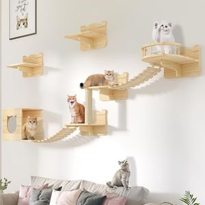 DWVO Cat Wall Shelves and Perches for Wall, Wooden Wall Mounted Cat Furniture, Set of 9 Cat Climbing Shelves with 1 Cat Wall House, 4 Wall Steps, 2 Bridge Ladder, 1 Cat Scratching Post and 1 Cat Bed