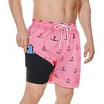 American Trends Mens Swim Trunks Compression Lined Swim Shorts for Outdoor Bathing Suit Shorts, Anchor Pink, Medium