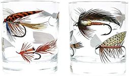 Greenline Goods – Fly Fishing Glass Set for Fisherman and Outdoorsman – Fly Lures Themed 10 oz Whiskey Drinking Glass Set of 2