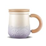 ZENS Tea Infuser Mug with Lid, 330ml Embossed Ceramic Tea Cup with Strainers for Loose Tea Steeper, Wood Handle Hot Tea Diffusers Loose Leaf Tea Mug for Women Tea Lovers Gifts, Gradient Purple