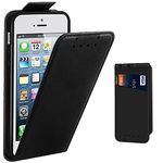 iPhone SE Case, Supad Leather Flip Wallet Slim Case Cover for Apple iPhone SE 5S 5 (Black) - 5 inches