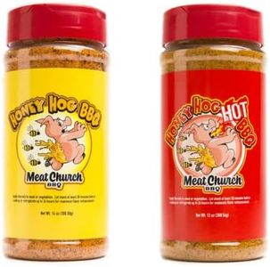 Meat Church Honey Hog BBQ Rub Combo: Honey Hog (14 oz) and Honey Hog Hot (13 oz) BBQ Rub and Seasoning for Meat and Vegetables, Gluten Free, One Bottle of Each