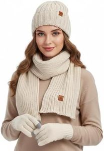 Winter Knit Hat, Scarf and Gloves Set with Touch Screen Feature, Black Cable Knit, Fleece Lined, Pom Beanie for Adult (strip cream)