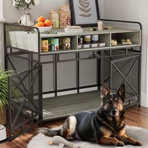 Fulhope Dog Crate Furniture,Wooden Dog Crate End Table,48 Inch Dog Kennel with Drawers,Heavy Duty Dog Crate,Decorative Pet Crate Dog Cage for Indoor 48.2" L x 27.6" W x 35.7" H (Grey)