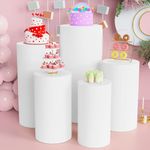 Anmakou Spandex Cylinder Pedestal Covers White Set of 5 Cylinder Plinth Stand Cover for Parties Wedding Pillars Baby Shower Dessert Tables Birthday Party Event Decor