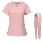 Meichoon Scrubs for Women Set V-Neck Short Sleeve Top with 3 Pockets Elasticized Waistband Stretch Yoga Jogger Pants Sweat and Moisture Wicking DK09 Pink Small