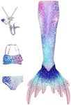 Mermaid Tail for Swimming for Girls，Little Kids Swim Costume Princess Bikini Bathing Suit Set, E408, 10 Years