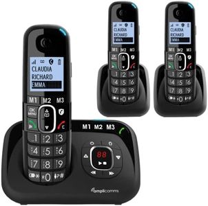 Amplicomms BigTel 1583 Cordless Big Button Phone for Elderly with Answer Machine and 2 Additional Handsets - Loud Phones for Hard of Hearing - Hearing Aid Compatible