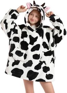 Wearable Blanket Hoodie for Kids Girls Boy 4-12YR Cute Animal Oversized Hooded Sweatshirt Super Soft Flannel with Pockets Cow