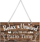 10 x 5 Inch Patio Wall Decor Hanging Wall Art Metal Plaque Signs Vintage Balcony Decor Retro Patio Accessories Relax Unwind You're on Patio Time with Chain for Home Pub (White Words with Brown Base)