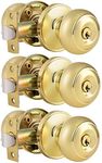 Probrico Polished Brass Entry Door Knobs(Not Keyed Alike), Entrance Door Knobs with Key, Stainless Steel Gold Exterior Door Knobs with Lock, Front Door Door Knobs, 3 Pack