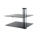 MAHARA Black Glass Floating Shelves - Two Tier Shelf Unit with Tempered Glass & Silver Cable Management - For TV,AV & Gaming - 38cm x 28cm - 10Kg Max