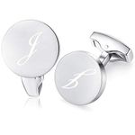 HONEY BEAR Initial Alphabet Letter Cufflinks for Men, Silver Round Shape Stainless Steel Wedding Business Gifts A - Z (J)