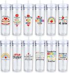 Sliner 12 Pcs Teacher Appreciation Gifts Bulk 16 oz Reusable Skinny Acrylic Tumblers Clear Plastic Teacher Cups with Lids and Straws Double Wall Insulated Thank You Cups for Teacher Gifts