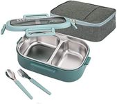 Lille Home 28oz Stainless Steel Leakproof 2-Compartment Bento Lunch Box/Portion Control Food Container with Lunch Bag and Cutlery Set, BPA Free (Green)