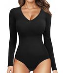 Nebility Shapewear Bodysuit for Women Tummy Control Long Sleeve Body suit V Neck Basic Jumpsuit Tops Slimming Body Shaper