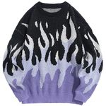 ZAFUL Mens Crewneck Oversized Sweaters Y2K Aesthetic Flame Graphic Knitted Sweater Casual Pullover Long Sleeve Jumpers, Purple, Large