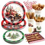 Kalolary 192Pcs Christmas Party Supplies Tableware Set, Christmas Paper Plates and Napkins Sets Red Buffalo Plaid Pickup Truck Christmas Tree Patterns Xmas Party Decorations Dinnerware Set, Serves 24