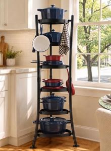 KES 264 Lbs Capacity Freestanding Pot Rack, 6-Tier Cast Iron Cookware Stand with 6 Hooks, Pots and Pans Storage Tower for Kitchen, Stable Base, Anti-tip Strap & Floor Protectors Black, KUR531S6-BK