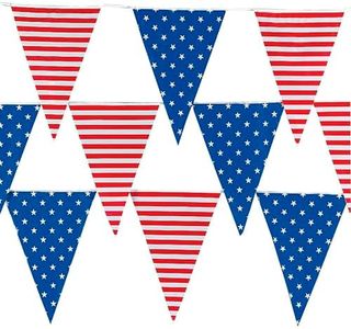 Fun Express 4th of July Decorations Outdoor Patriotic Banner - 100 Ft Red White Blue Pennant Flags for Memorial Day Veterans Day Party Supplies | Stars Stripes American Flag Decorations USA Decor