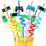 16PCS Game Controller Drinking Straws Video Game Party Favors Goodie Gifts for Kids Gamer Birthday Party Supplies, Game On Party Supplies with 2 PCS Cleaning Brushes