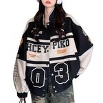 POHADON Varsity Jacket For Women Patchwork Long Sleeve Racing Bomber Letterman Jackets Color Block Y2k Vintage Streetwear, Black, Large