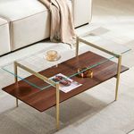 Saint Mossi Tadio Glass Coffee Table, Clear Double Layer Glass Coffee Table for Living Room, Clear Glass & Coffee Brown Bottom Shelf