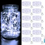 btfarm 12 Pack-3 Modes Fairy Lights Battery Operated, 2M 20LED Small String Lights Battery Powered IP65 Waterproof Silver Wire Mini Fairy Lights Indoor Outdoor for Jars, Christmas, Party, Cool White