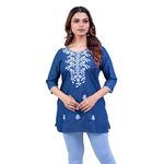 Velourge Short Kurti for Women - Denim Blue Lucknowi Machine Work Tops for Women 3/4 Full Sleeve Tops for Women, Round Neck Women's Short Kurti Perfect Women Tops for Jeans and for Everyday