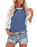 Bingerlily Women's Casual T-Shirts 3/4 Sleeve Color Block Cute Tops Comfy Blouses, Navy, Large