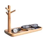 Wood Key Tray for Entryway Table, Jewelry Tray, Catchall Tray with 3 Stand Hanging Organizer, for Rings, Phone, Bracelets Watches (Acacia Wood)