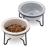 Navaris Ceramic Cat Bowls with Stand - 2x Cat Food Bowls - Elevated Double Bowl with Holder for Cats & Small Dogs Raised Metal Wire Stand