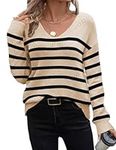 Zeagoo Sweaters for Women Fall Clothing Trendy 2024 Soft Striped Long Sleeve Knit Casual Pullover Tops Apricot Sriped M
