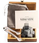 GOURMEO Basalt Whiskey Stones Set - 9 Reusable Whisky Cubes with Tongs - Ice Stones for Drinks in Wooden Case and Velvet Pouch - Gifts for Men