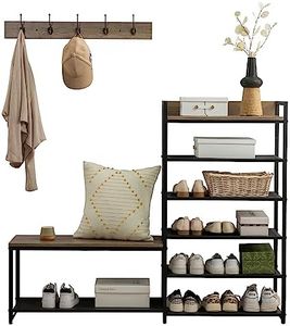 SUNTAGE 6-Tier Coat Rack Shoe Bench Set, Entryway Bench with 6 Hooks Coat Rack, Hall Tree and Shoe Storage for Entryway, Hallway, Garage, Bedroom (Vintage Grey)