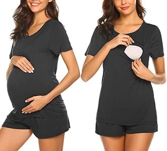 Ekouaer Maternity Pajamas for Hospital Set Short Sleeve Nursing Pajamas Breastfeeding Pregnancy Sleepwear Black S
