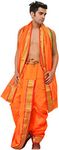 Exotic India Ready to Wear Dhoti and Veshti Set with Wo - Color Bright Marigold