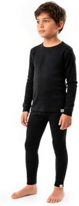 MERINNOVATION Merino Wool Base Layer Set for Kids Top and Bottom Thermal Underwear Long Sleeve Black-Boy 7-8Y