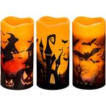 3 PCS Battery Operated Flameless Flickering Candles with 6 Hour Timer, Real Wax Electric LED Halloween Fake Pillar Candles with Castle, Witch, Bats for Indoor Kids Halloween Thanksgiving Decor