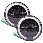 Allextreme EX9TH2P 7 Inch Full Ring Round LED Headlight with Hi/Low Beam Yellow & white Angel Eye Lamp Compatible with Bullet, Harley Davidson Jeep Wrangler (75W, Pack of 2)