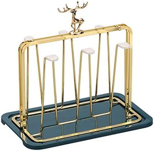 Glass Cup Drying Rack with Drain Tray，Elk Relief Design Coffee Cup Holder Wine Glass Drying Rack，Bottle Drying Stand with 6 Hooks Mugs Cups Organizer