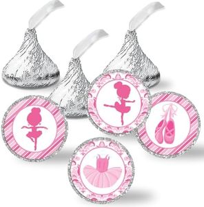 Dance Twirl Pink Ballerina Birthday Party Kiss Sticker Labels, 300 Party Circle Sticker Sized 0.75” for Chocolate Drop Kisses by AmandaCreation, Great for Party Favors, Envelope Seals, Goodie Bags