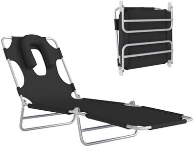 Outsunny Folding Lounge Chair Outdoor, Tanning Chair with Face Hole Arm Slots, Beach Chaise Lounger with Pillow, 5-Position Adjustable Portable Sun Lounger Bed for Pool, Black