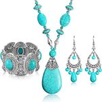 3 Pieces Bohemian Turquoise Jewelry Set Women Western Jewelry Set Turquoise Pendant Necklace, Vintage Turquoise Dangle Earrings, Stretchable Turquoise Bracelet for Women Statement Boho Jewelry Set,