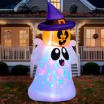 Joiedomi 5 FT Tall Halloween Inflatable Ghost with Pumpkin Head and Build-in Colorful LEDs, Blow Up Ghost with Witch Hat for Halloween Outdoor Decoration Yard, Garden, Lawn Holiday Party Decoration