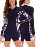 Women’s Long Sleeve Floral Printed Swimsuit One Piece Zip Front Surfing Suit Sexy Boyshorts Rash Guard UPF 50+ Sun Protection Athletic Swimwear Bathing Suit L