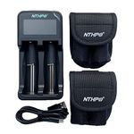 NTHPO One Speedy Intelligent Charger with Two 18650 Battery Storage Bags, LCD Display Charger for Rechargeable Li-ion 18650 18490 18350 16340(RCR123) 14500 10440,Ni-MH A AA AAA Batteries(2 Slots)